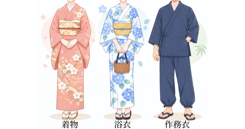 着物・浴衣・作務衣の違いを表した和装イラスト。3種類の和装が並んでいる。