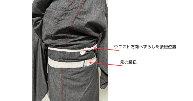 腰紐の位置を通常位置よりウエスト方向へずらす